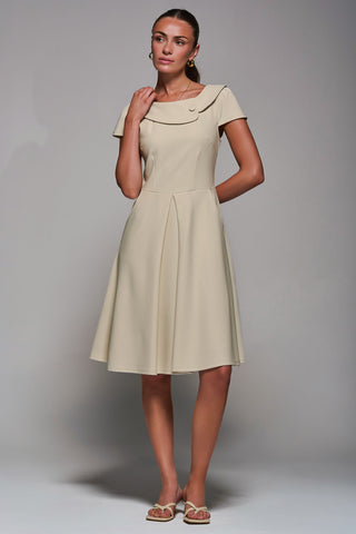 Roll Collar Cap Sleeve Midi Dress, Beige