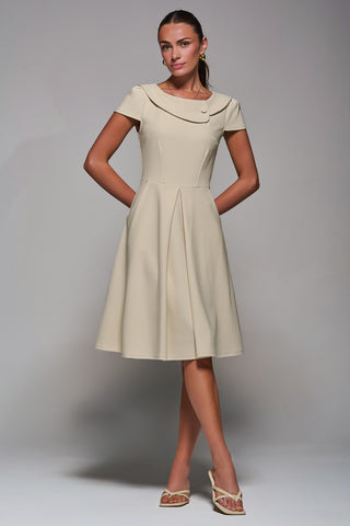 Roll Collar Cap Sleeve Midi Dress, Beige