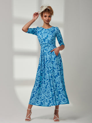 blue jersey dress uk Blue Floral Print Fluted Hem Midi Jersey Dress