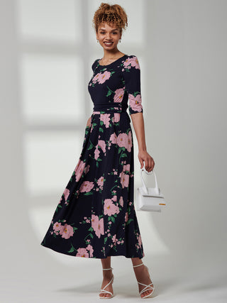 Goldie 3/4 Sleeve Jersey Maxi Dress, Navy Floral