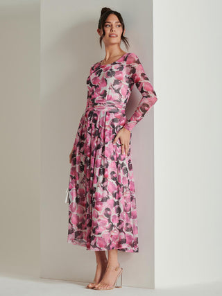 Abstract Print Mesh Long Sleeve Maxi Dress, Pink Multi