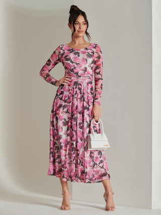 Abstract Print Mesh Long Sleeve Maxi Dress, Pink Multi