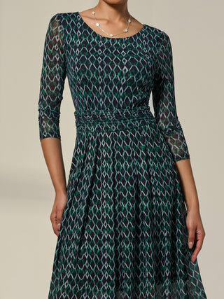 3/4 Sleeve Printed Mesh Dress, Green Geo