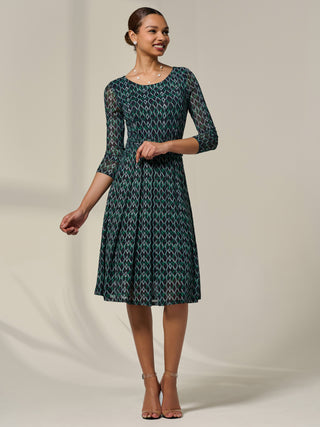 3/4 Sleeve Printed Mesh Dress, Green Geo