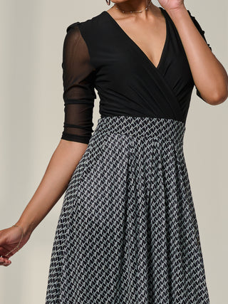 Mesh Two Tone Half Sleeve Midi Dress, Black Geo