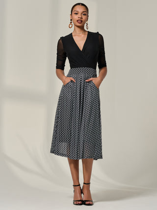 Mesh Two Tone Half Sleeve Midi Dress, Black Geo