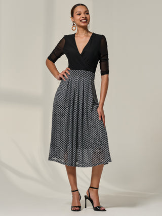 Mesh Two Tone Half Sleeve Midi Dress, Black Geo