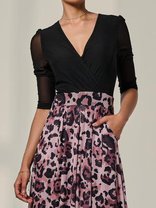 Mesh Two Tone Half Sleeve Midi Dress, Pink Leopard