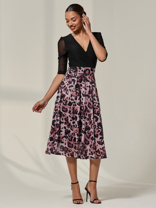 Mesh Two Tone Half Sleeve Midi Dress, Pink Leopard