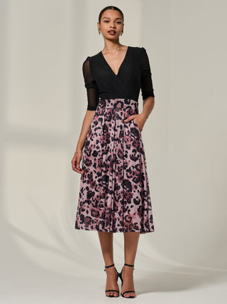 Mesh Two Tone Half Sleeve Midi Dress, Pink Leopard