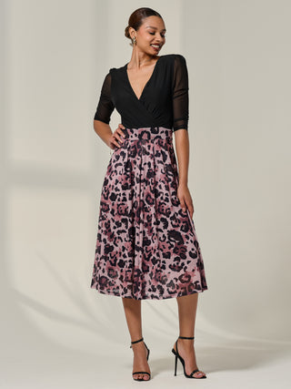 Mesh Two Tone Half Sleeve Midi Dress, Pink Leopard