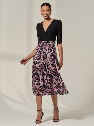 Mesh Two Tone Half Sleeve Midi Dress, Pink Leopard