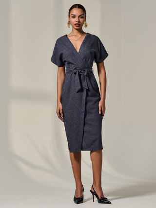 Short Sleeve Tie Waist Midi Dress, Dark Grey