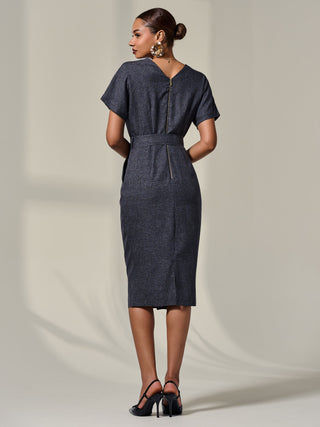 Short Sleeve Tie Waist Midi Dress, Dark Grey