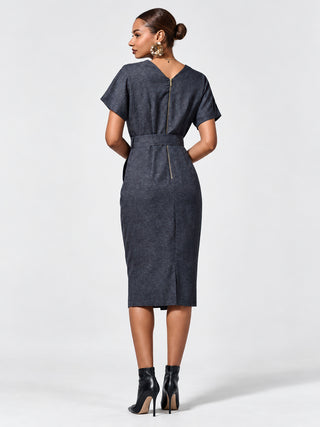 Short Sleeve Tie Waist Midi Dress, Dark Grey
