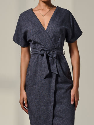 Short Sleeve Tie Waist Midi Dress, Dark Grey