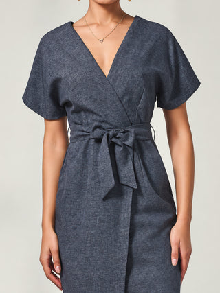 Short Sleeve Tie Waist Midi Dress, Dark Grey