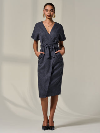 Short Sleeve Tie Waist Midi Dress, Dark Grey