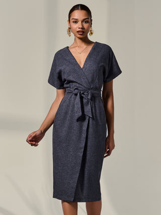 Short Sleeve Tie Waist Midi Dress, Dark Grey