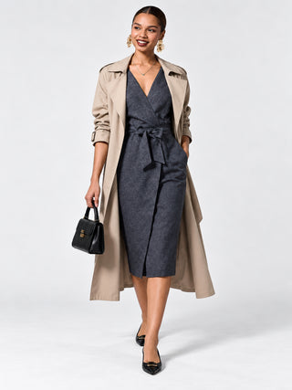 Short Sleeve Tie Waist Midi Dress, Dark Grey