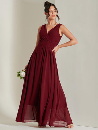 Pleated Bodice Chiffon Maxi Dress, Burgundy Jolie Moi Retail Pleated Bodice Chiffon Maxi Dress, Burgundy Jolie Moi Retail