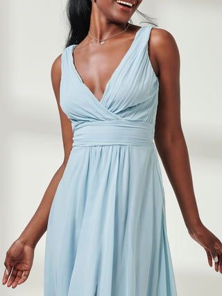 Pleated Bodice Chiffon Maxi Dress, Ice Blue