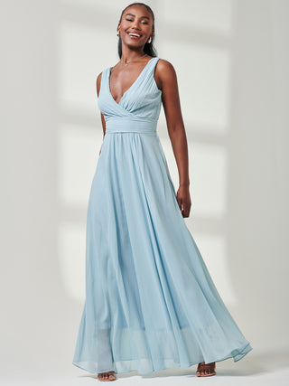 Pleated Bodice Chiffon Maxi Dress, Ice Blue