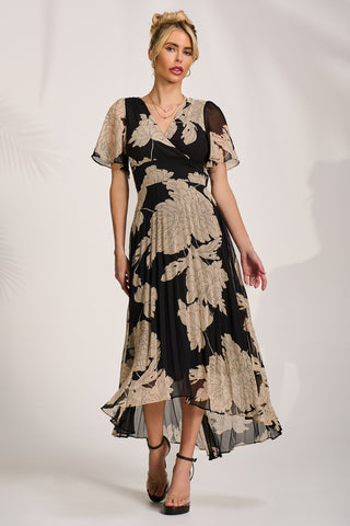 Pleated Chiffon Maxi Dress, Black Floral