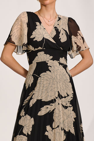 Pleated Chiffon Maxi Dress, Black Floral