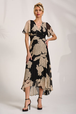 Pleated Chiffon Maxi Dress, Black Floral