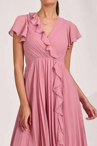 Ruffle Pleated Chiffon Midi Dress, Dusty Pink