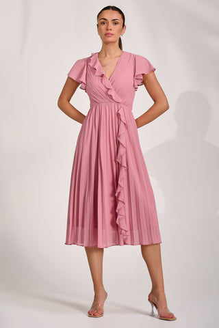 Ruffle Pleated Chiffon Midi Dress, Dusty Pink