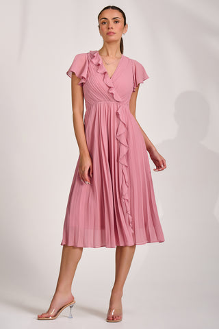 Ruffle Pleated Chiffon Midi Dress, Dusty Pink