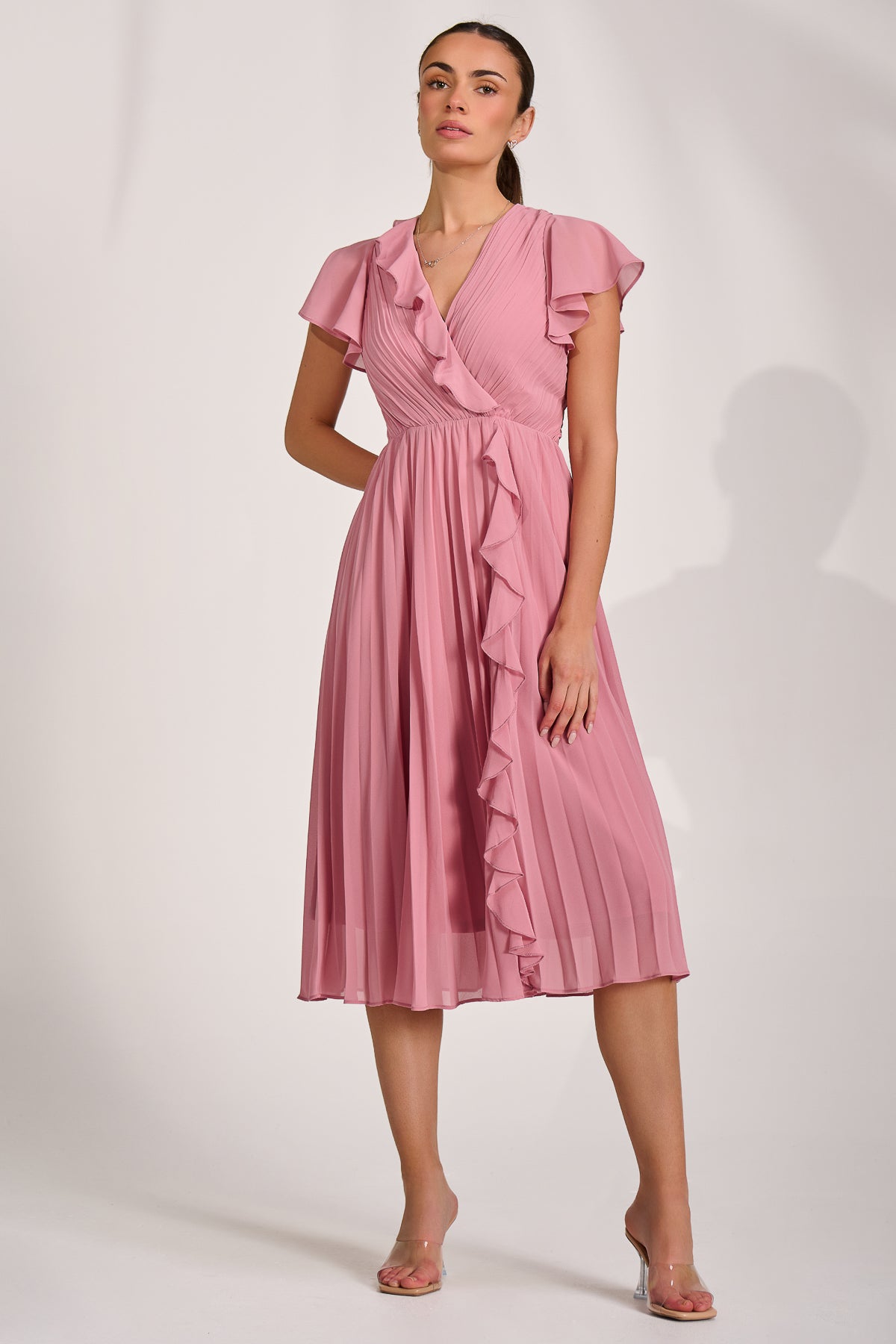 Ruffle Pleated Chiffon Midi Dress, Dusty Pink – Jolie Moi Retail
