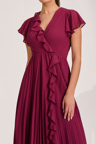 Ruffle Pleated Chiffon Midi Dress, Mulberry