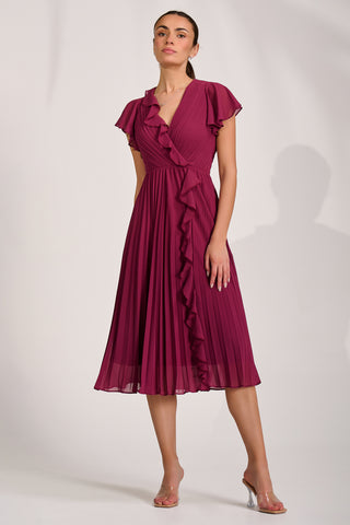 Ruffle Pleated Chiffon Midi Dress, Mulberry