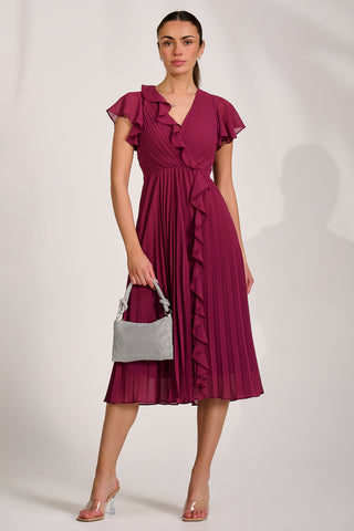 Ruffle Pleated Chiffon Midi Dress, Mulberry