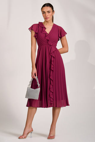Ruffle Pleated Chiffon Midi Dress, Mulberry