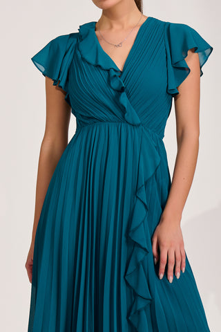 Ruffle Pleated Chiffon Midi Dress, Teal