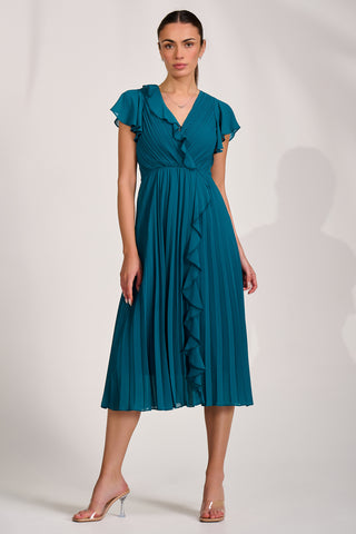 Ruffle Pleated Chiffon Midi Dress, Teal