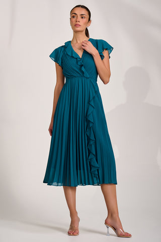Ruffle Pleated Chiffon Midi Dress, Teal