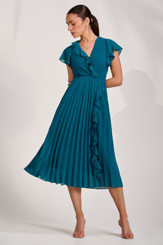 Ruffle Pleated Chiffon Midi Dress, Teal