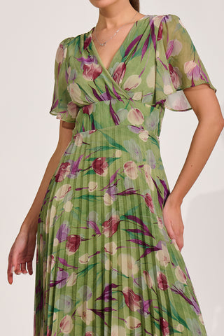 Chiffon Pleated Maxi Dress, Green Multi