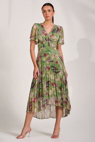 Chiffon Pleated Maxi Dress, Green Multi