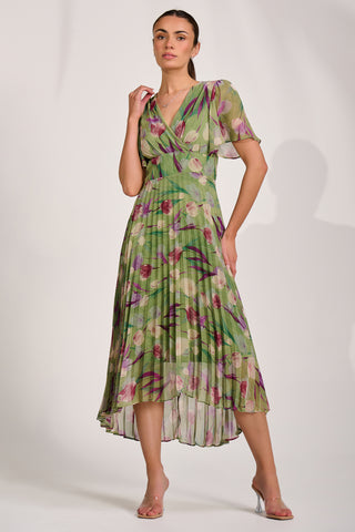 Chiffon Pleated Maxi Dress, Green Multi