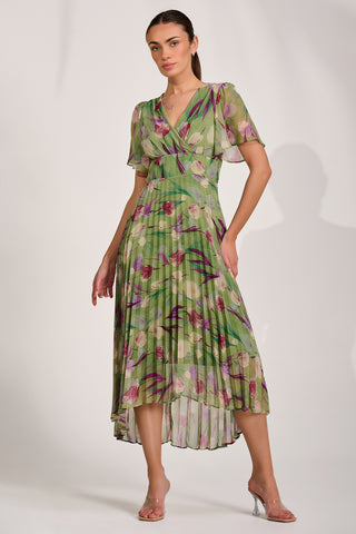 Chiffon Pleated Maxi Dress, Green Multi