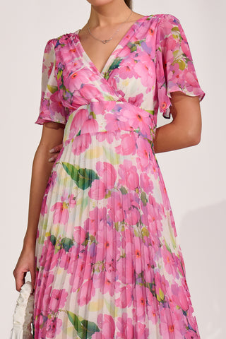 Chiffon Pleated Maxi Dress, Pink Floral