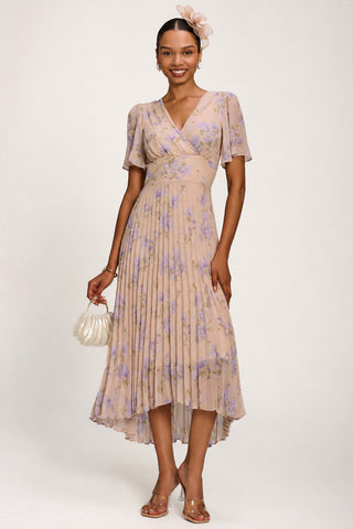 Chiffon Pleated Maxi Dress, Yellow Floral