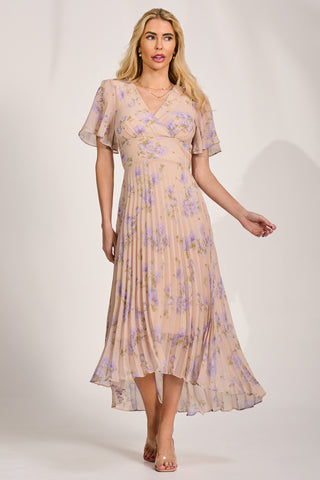 Chiffon Pleated Maxi Dress, Yellow Floral