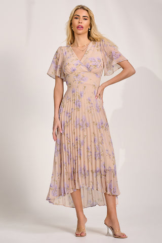 Chiffon Pleated Maxi Dress, Yellow Floral